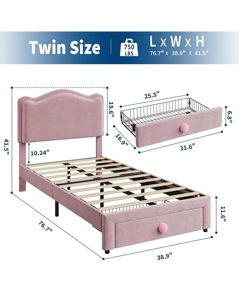gaomon Twin Size Upholstered Kids Bed Frame, Toddler Platform, Headboard & Storage Drawer, Strong Wood Slats, Pink