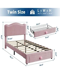 gaomon Twin Size Upholstered Kids Bed Frame, Toddler Platform, Headboard & Storage Drawer, Strong Wood Slats, Pink