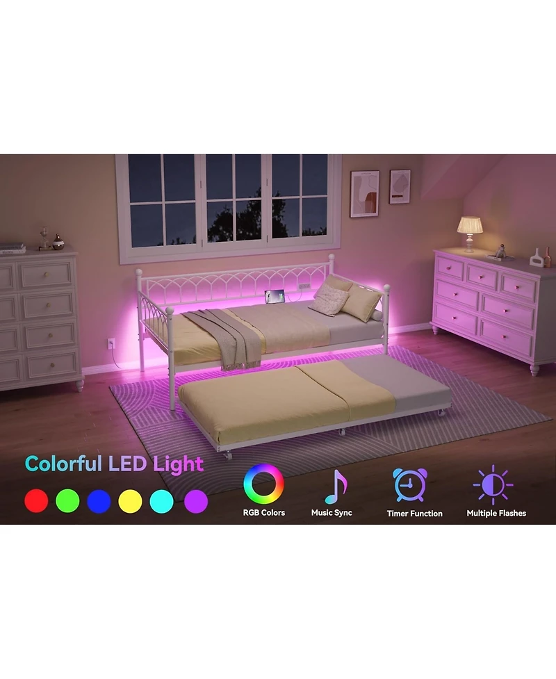 gaomon Twin Size Metal Daybed with Trundle Charging Station Led Lights Sofa Bed