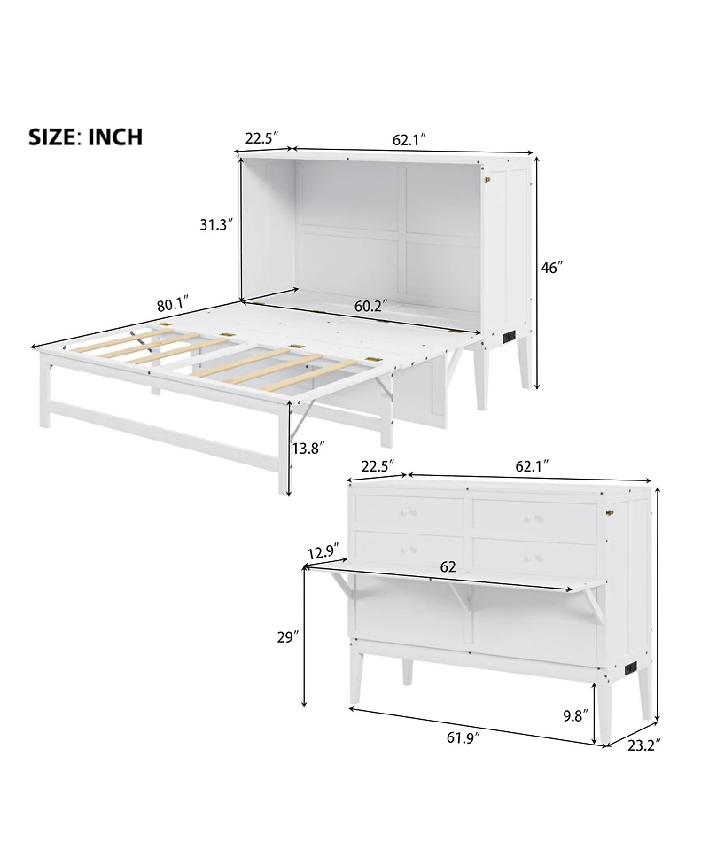 Boyel Living Queen Size Murphy Bed with Built-In Charging Station and a Shelf