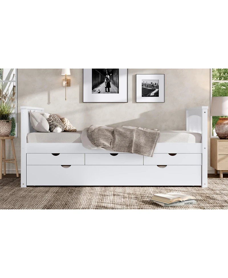 Streamdale Furniture Twin Platform Bed with Drawers, Trundle, Solid Wood Daybed, White