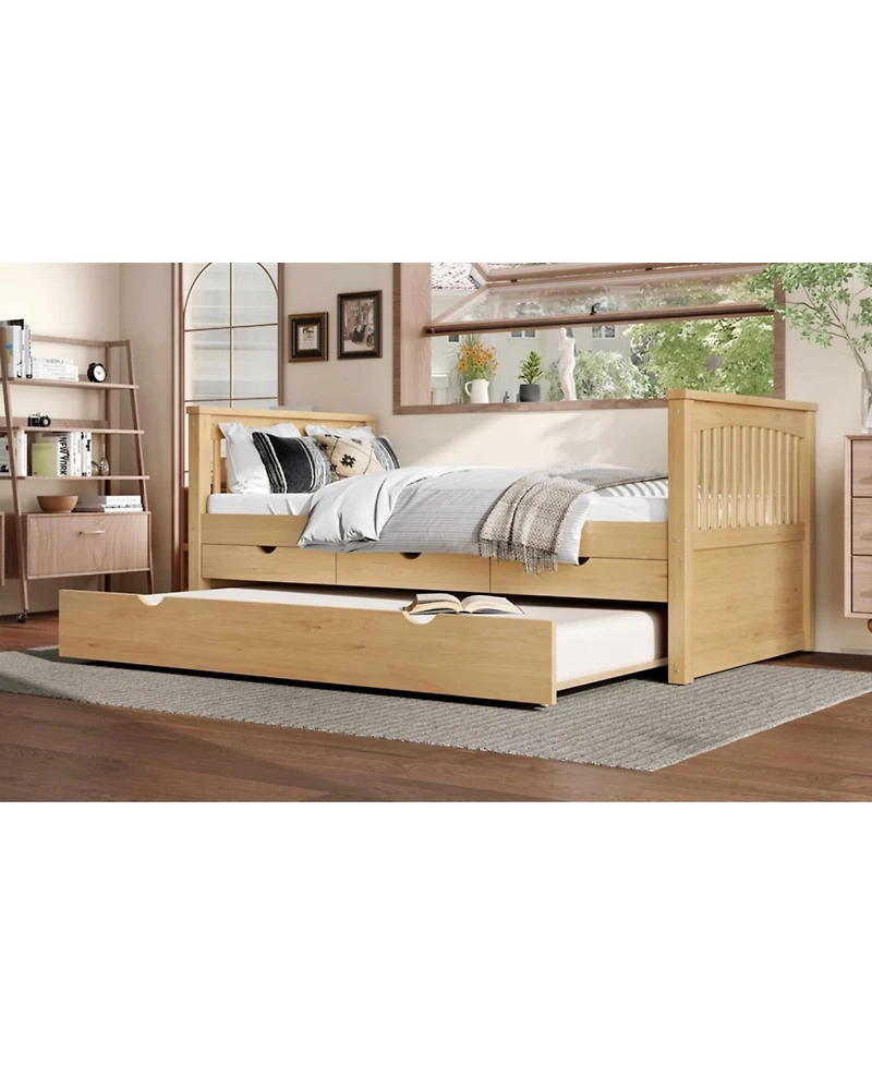 Streamdale Furniture Twin Platform Bed with Drawers, Solid Wood Daybed, No Spring Box Needed, Natural