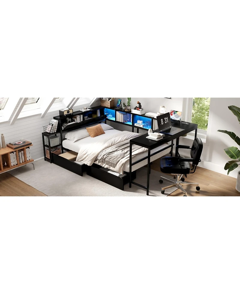 Streamdale Furniture Streamdale Twin Corner Bed Frame with Bookcase, Led, and Storage Drawers