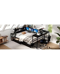 Streamdale Furniture Streamdale Twin Corner Bed Frame with Bookcase, Led, and Storage Drawers