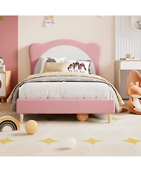 gaomon Full Size Kids Upholstered Bed Frame with Adjustable Scallop Velvet Headboard, Princess Platform