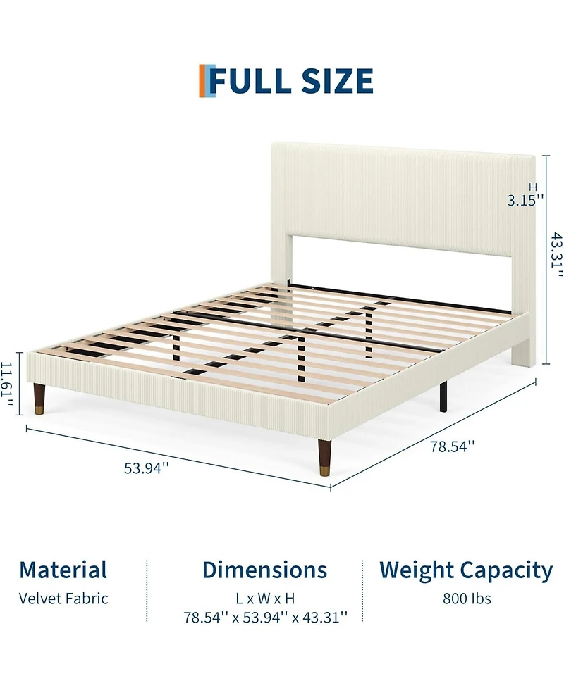 gaomon Full Size Upholstered Platform Bed Frame Modern Fabric Headboard Metal Frame Wooden Slats Double Support No Box Spring Beige