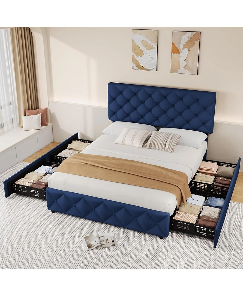 gaomon Queen Bed Frame with 4 Storage Drawers and Headboard, Linen Upholstered Platform Bed Frame with Wooden Slats Support