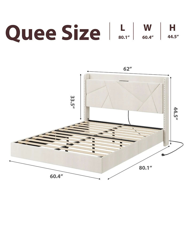 gaomon Queen Size Floating Bed Frame, Suspended Bed with Rgb Led Lights and Charging Station, Upholstered Bed Frame