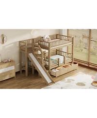 Streamdale Furniture Twin over Bunk Bed w/ Storage Stairs, Slide, 2 Drawers, Walnut