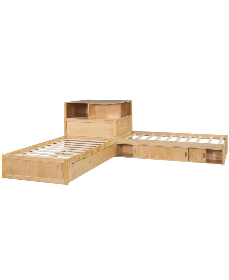 Streamdale Twin L-Shaped Platform Bed with Storage, Desk, Trundle & Led