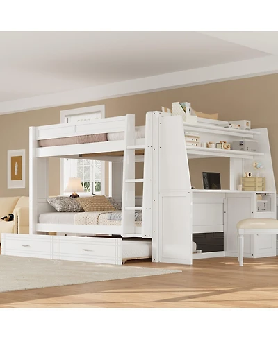 Streamdale Full Multifunctional Bunk Bed with Desk and Bookshelves, Trundle, Gray