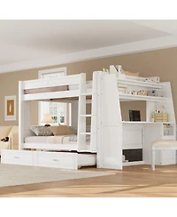 Streamdale Full Multifunctional Bunk Bed with Desk and Bookshelves, Trundle, Gray