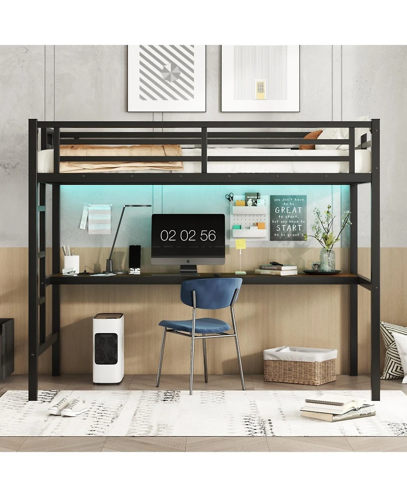 Streamdale Metal Twin Xl Loft Bed with Power Outlet & Led Light, Black