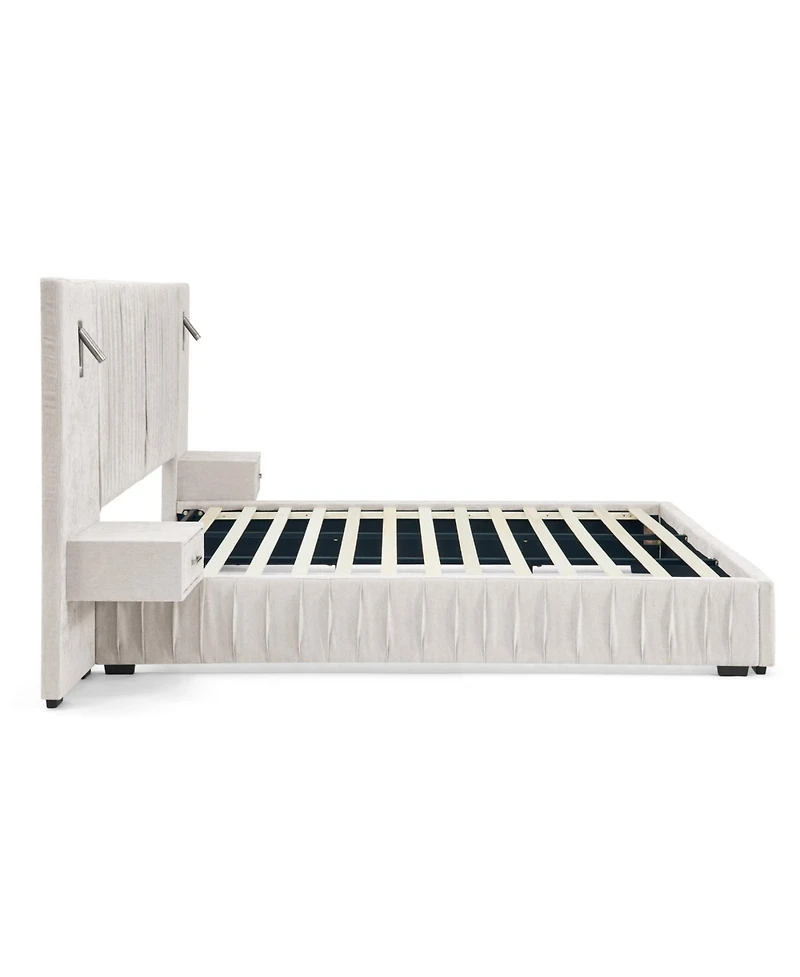 Streamdale Furniture Streamdale Queen Size Chenille Upholstered Bed Frame with Pleated Design - Beige
