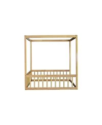 Streamdale Furniture Full Size Canopy Frame Rubber Wood Floor Bed with Fence, Guardrails