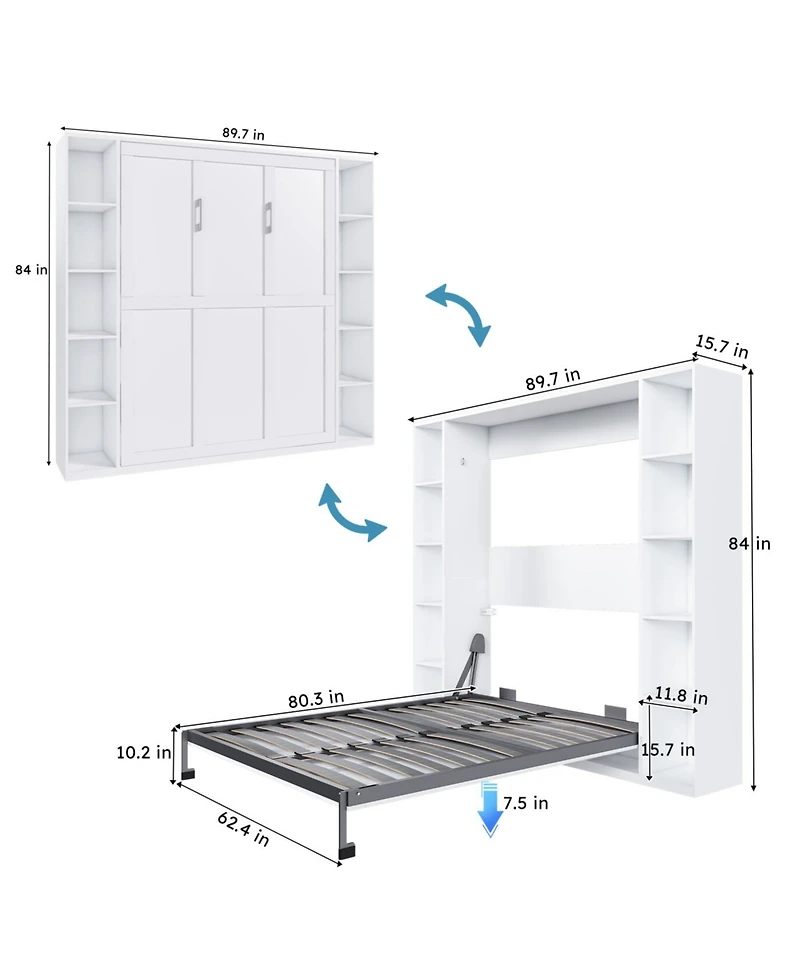 Streamdale Furniture Streamdale Queen Murphy bed, foldable wall bed with storage cabinet, white
