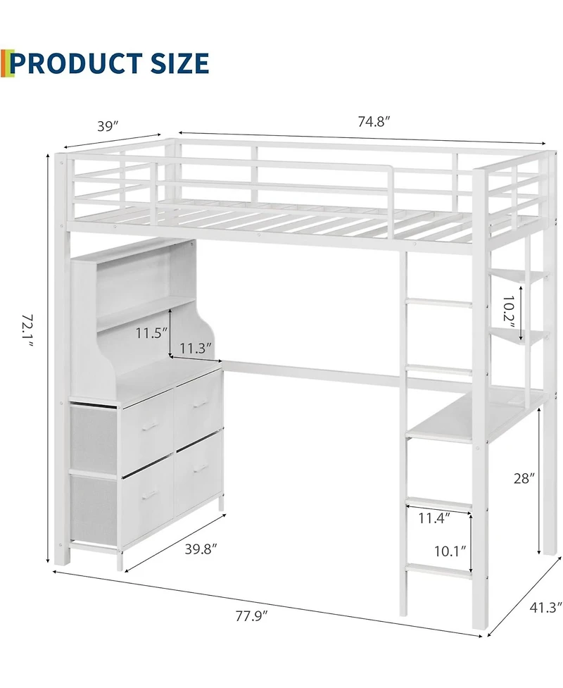 gaomon Twin Loft Bed with Desk, 4 Fabric Drawers & 2 Shelves, Metal Led Lights, Usb Charging Station, Safety Guardrail Ladder