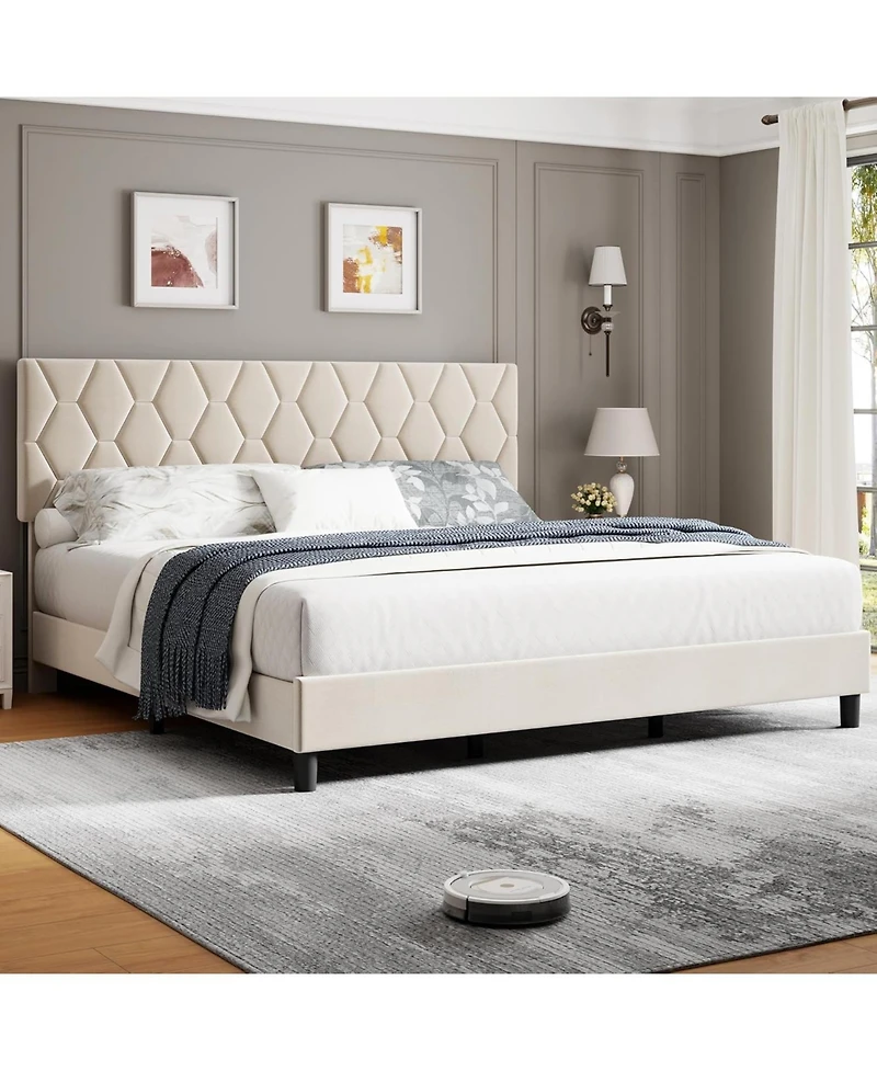 Gaomon Upholstered Bed with Adjustable Headboard, Heavy-Duty Platform Frame, Strong Wood Slats, Noise-Free, No Box Spring Required