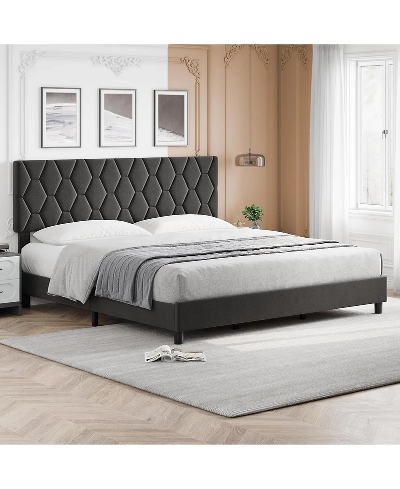 Gaomon Upholstered Bed with Adjustable Headboard, Heavy-Duty Platform Frame, Strong Wood Slats, Noise-Free, No Box Spring Required
