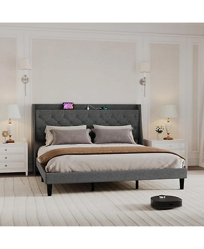 gaomon Upholstered Bed Frame with Deep Button Tufted Headboard, Wood Slats, Storage Shelf & Charging Station