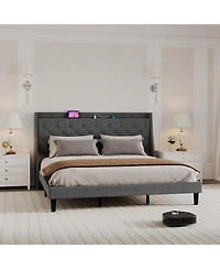 gaomon Upholstered Bed Frame with Deep Button Tufted Headboard, Wood Slats, Storage Shelf & Charging Station