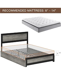 gaomon Bed Frame with Four Storage Drawers and Charging Station, Riveted Headboard Platform Metal Slat Frame, No Box Spring Required