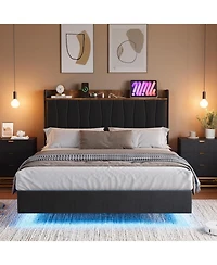 gaomon Floating Bed Frame with Led Lights & Usb Charging – Modern Upholstered Platform Headboard, Solid Wood Slats, No Box Spring