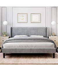 gaomon Bed Frame with Wingback Headboard – Elegant Vertical Stripe Velvet Upholstered 2 Storage Pockets