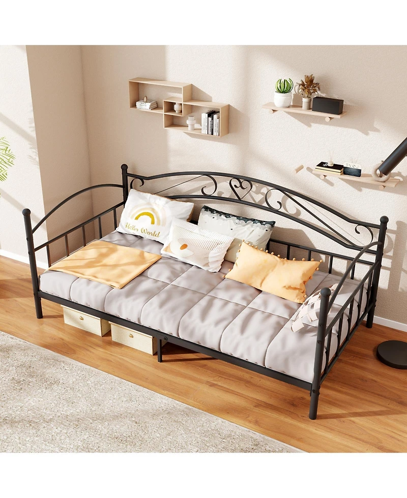Gymax Twin Size Metal Daybed Frame w/ Headboard Heavy-Duty Metal Slats Support