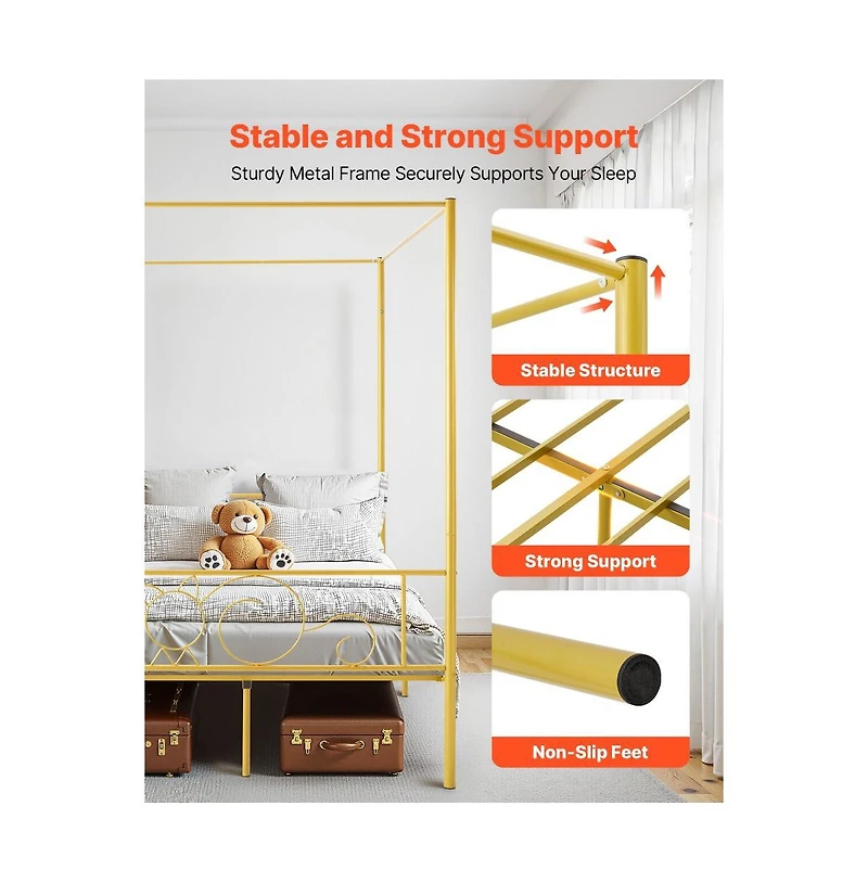 Slickblue Canopy Bed with Metal Frame, Headboard, and Four Posters