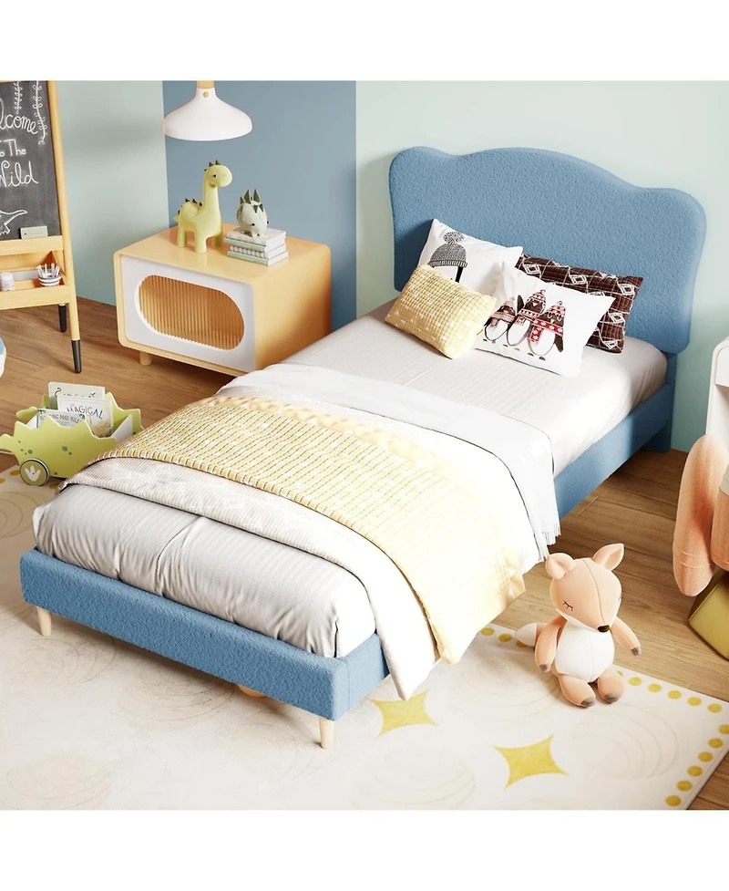 gaomon Twin Kids Velvet Bed Frame with Scallop Headboard, Sturdy Upholstered Platform Wood Slats