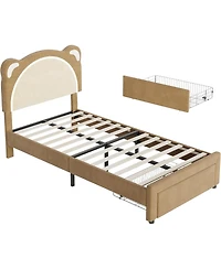 gaomon Twin Kids Upholstered Platform Bed Frame with Adjustable Headboard, Drawer, Led Light, Wood Slats, No Box Spring, Coffee