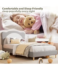 gaomon Twin Size Kids Upholstered with Adjustable Scallop Velvet Headboard, Princess Platform, Bed Frame