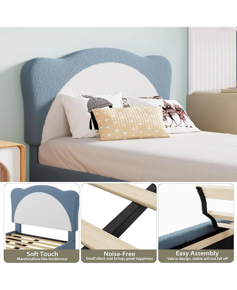 gaomon Twin Size Kids Upholstered Bed Frame with Adjustable Scallop Velvet Headboard, Princess Platform, Blue & White