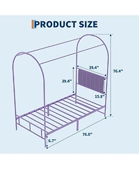 Twin Size Canopy Bed Frame with Upholstered Headboard, Underbed Storage, Decorative Arched Metal, Purple
