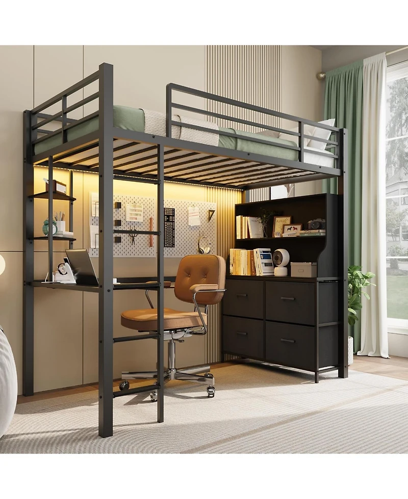 gaomon Loft Bed with Desk, 4 Fabric Drawers, Open Shelves, Led Lights, Power Outlets, Metal Frame, Black