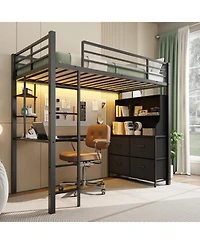 gaomon Loft Bed with Desk, 4 Fabric Drawers, Open Shelves, Led Lights, Power Outlets, Metal Frame, Black