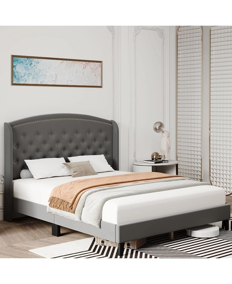 gaomon King Size Upholstered Platform Bed Frame Wingback Headboard Button Tufted Wood Slats Easy Assembly Gray