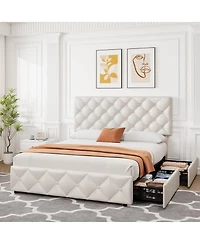 gaomon Queen Size Bed Frame 4 Storage Drawers Adjustable Faux Leather Headboard Button Tufted No Box Spring