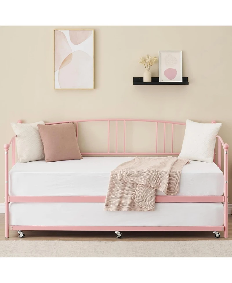 gaomon Twin Size Metal Daybed with Pull-Out Trundle, 6 Casters and Steel Slat Support, No Box Spring Needed