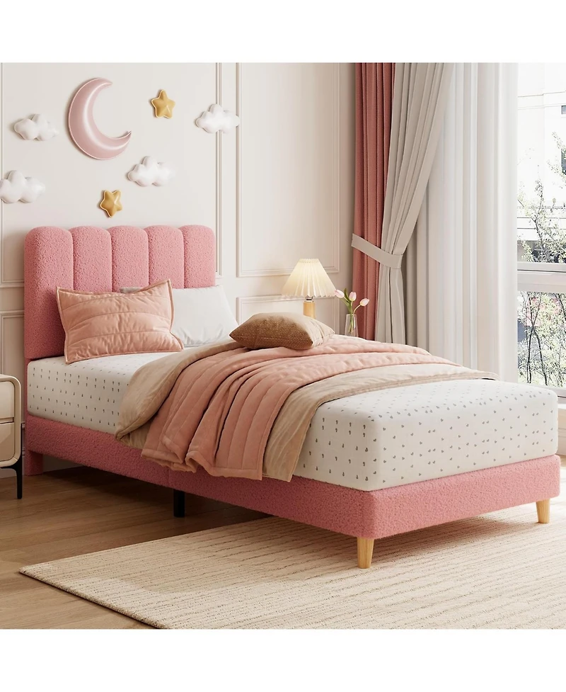 gaomon Twin Bed Frame Boucle Upholstered Wave Headboard Girls Kids Wooden Slats No Box Spring Light Pink