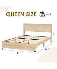 gaomon Queen Size Boho with Drawers, Rattan Headboard, Rgb Led Lights, Strong Wooden Slats, No Box Spring Platform Bed Frame