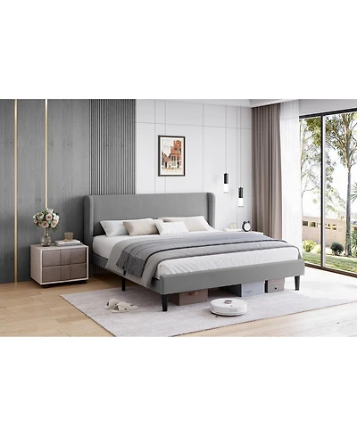 gaomon Queen Size Upholstered Bed Frame with Wingback Headboard Velvet Platform No Box Spring Needed Durable Wood Slats Light Grey