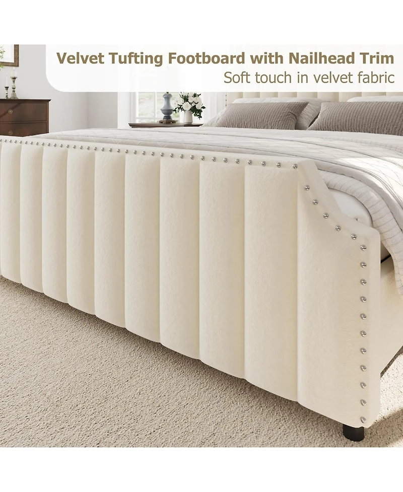 gaomon King Size Platform Bed Frame 50.2in Headboard Velvet Channel Tufted Footboard Nailhead Trim No Box Spring Cream