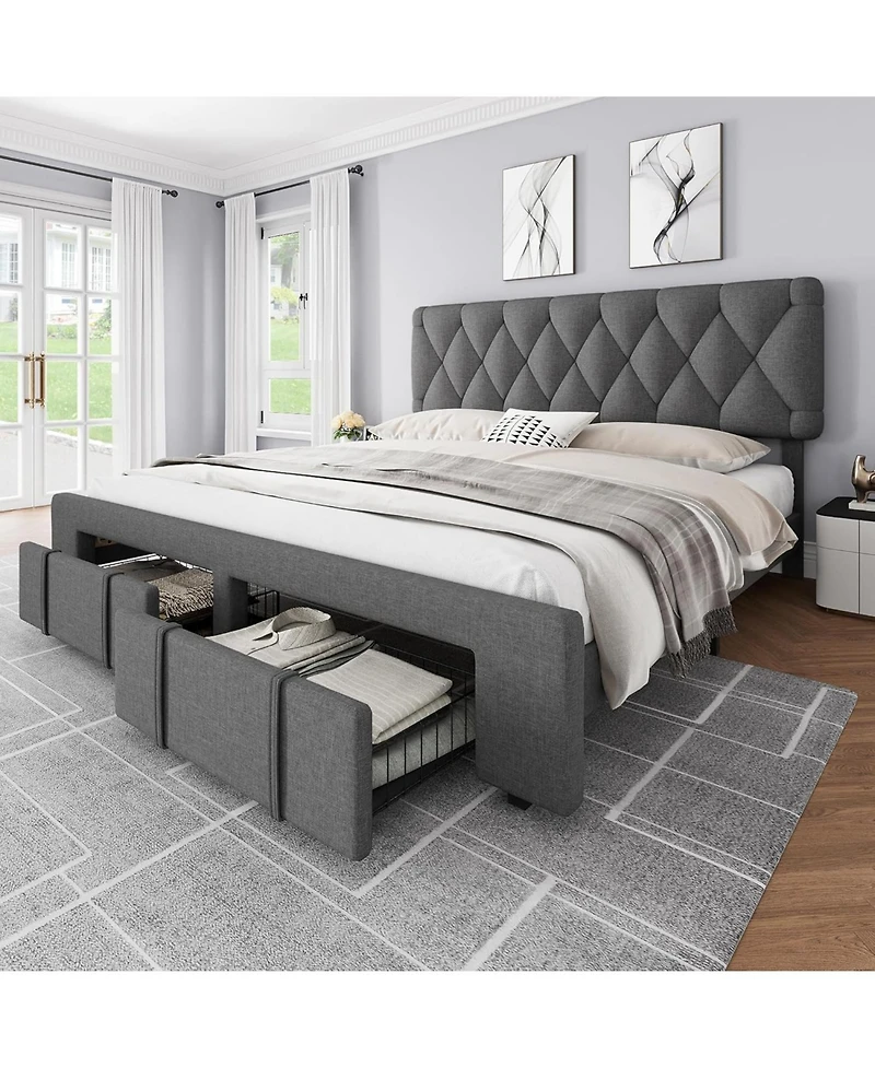 gaomon Queen Size Upholstered Platform Bed Frame Storage Drawers Wooden Slats No Box Spring Needed Grey