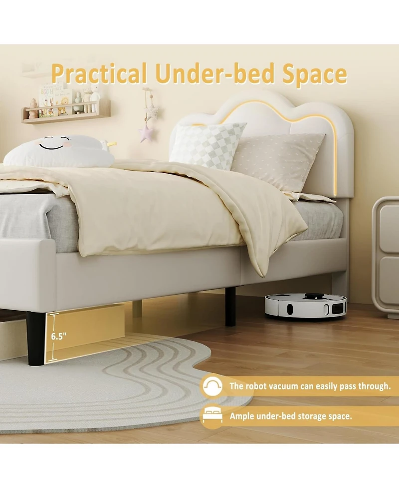 Gaomon Twin Size Pu Leather Upholstered Smart Led Platform Bed Frame with Adjustable Hills Headboard, Wooden Slats, No Box Spring, White