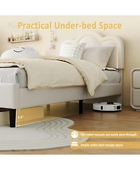 Gaomon Twin Size Pu Leather Upholstered Smart Led Platform Bed Frame with Adjustable Hills Headboard, Wooden Slats, No Box Spring, White