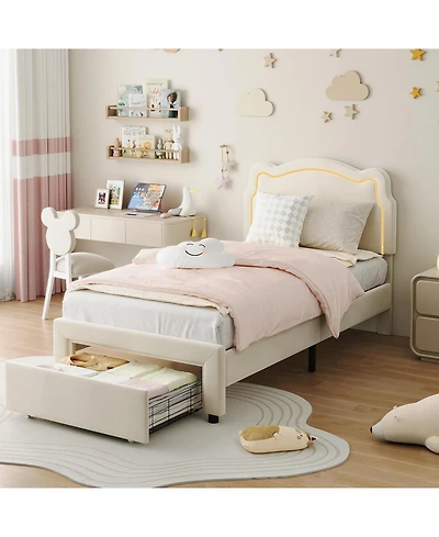 gaomon Twin Upholstered Bed Frame Smart Led Adjustable Bear Headboard Velvet Princess Platform Wood Slats Drawer