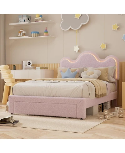gaomon Twin Size Boucle Upholstered Platform Bed Frame with Flower Headboard Led Lights Storage Drawers Wood Slats No Box Spring Pink