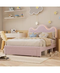 gaomon Twin Size Boucle Upholstered Platform Bed Frame with Flower Headboard Led Lights Storage Drawers Wood Slats No Box Spring Pink